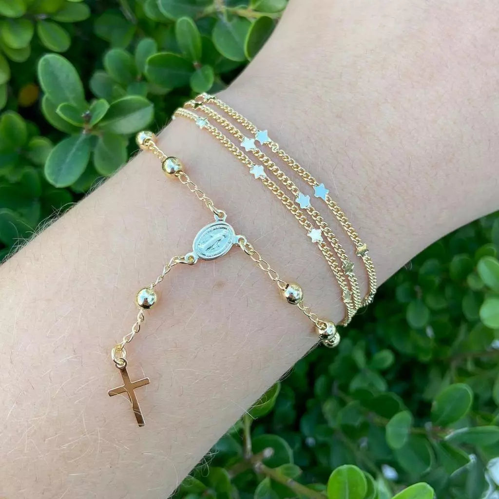 Pulseira Terço Nossa Senhora Aparecida Padroeira Religiosa Banhada A Ouro 18K