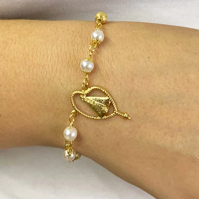 Pulseira Perola Bola Fosca Nossa Senhora Folheado A Ouro