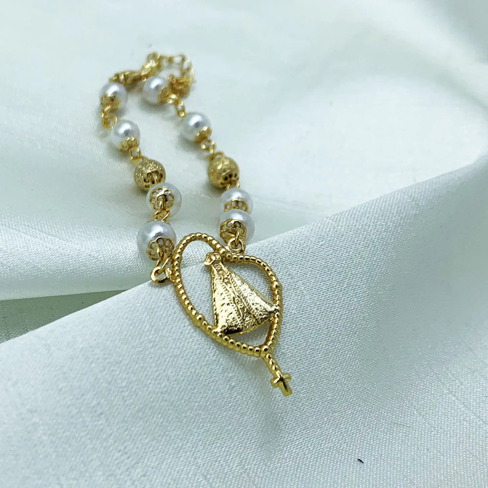 Pulseira Perola Bola Fosca Nossa Senhora Folheado A Ouro