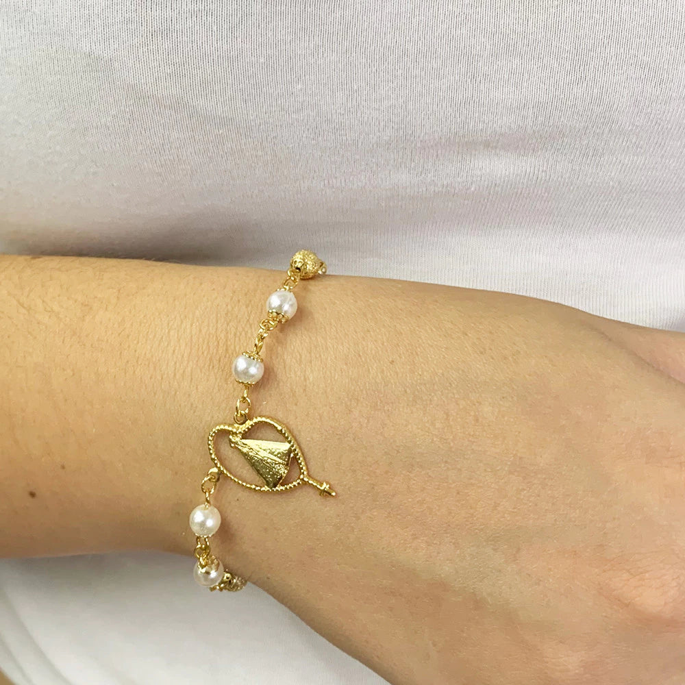 Pulseira Perola Bola Fosca Nossa Senhora Folheado A Ouro